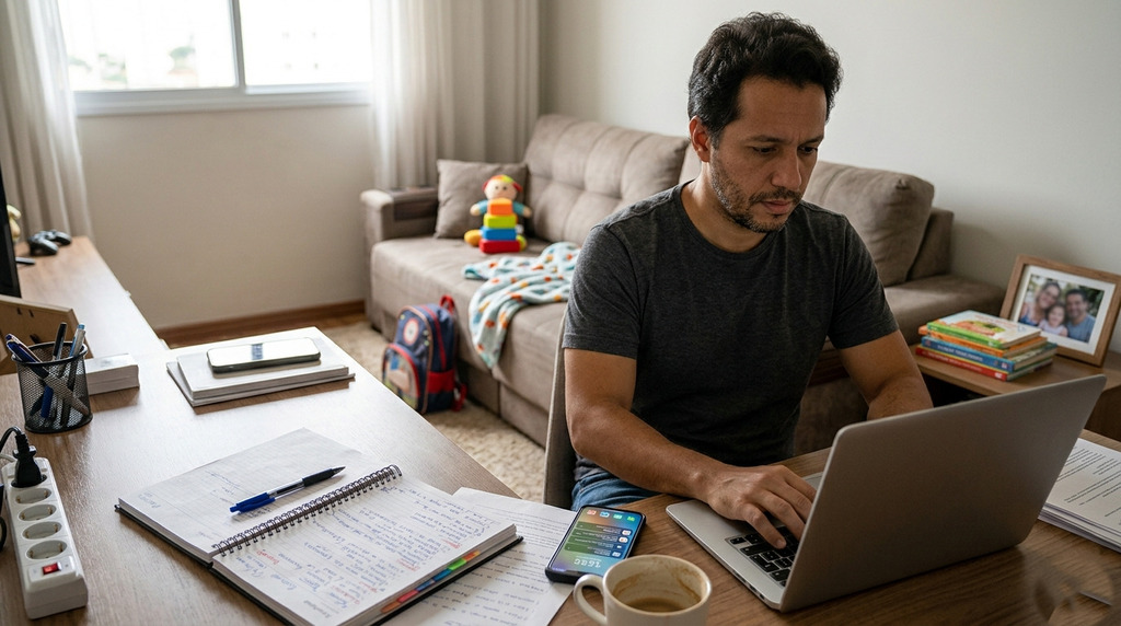 Homem em escritório de casa, pesquisando o que é gestão de tempo.