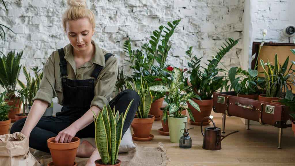 Mulher sentada experimentando um dos vários hobbies para desenvolver - jardinagem - com várias plantas e vasos a sua volta.
