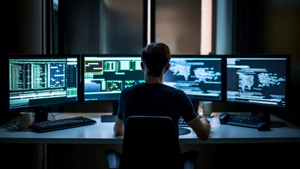 Homem em frente a quatro computadores programando e utilizando frameworks para desenvolver programas.
