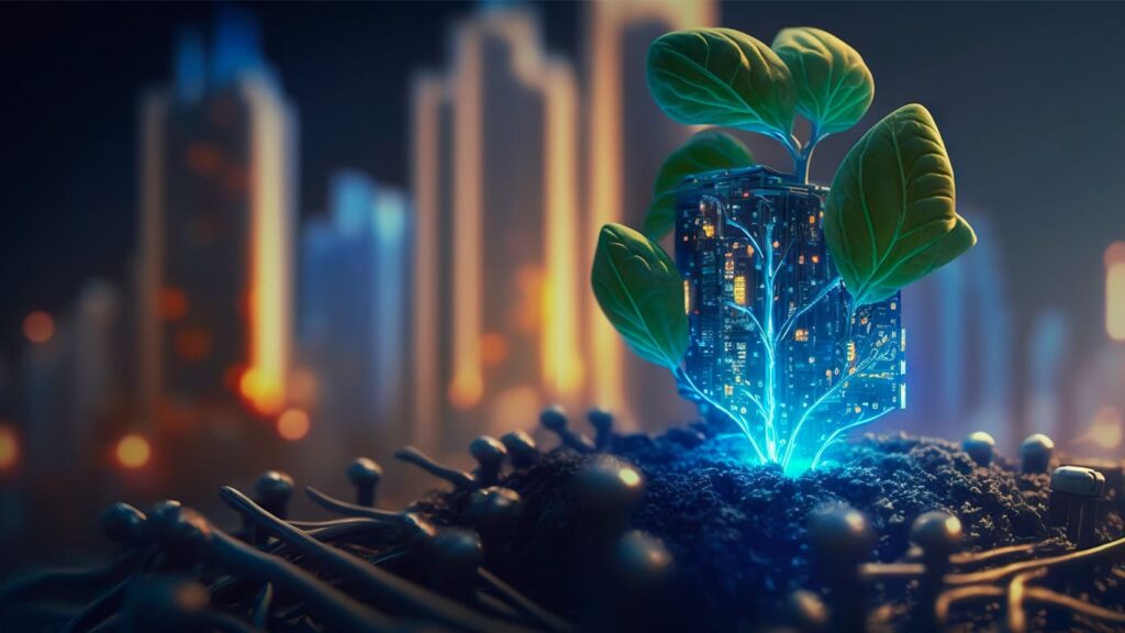 Imagem de uma planta verde com raízes tecnológicas representando o conceito de sustentabilidade e tecnologia do Marketing 5.0