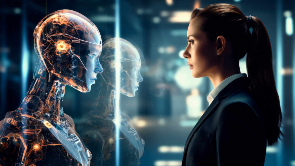 Imagem com uma robô e uma humana de frente representando as inovações do mercado de trabalho.