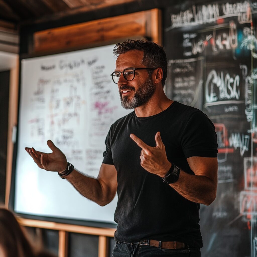 Líder de equipe apresentando-se aos colegas de trabalho em ambiente profissional, ilustrando habilidades de liderança e comunicação em um workshop