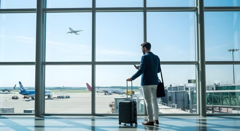 Homem vestido de forma elegante em aeroporto, segurando celular com a mão direita e mala com a mão esquerda, em frente a um painel de vidro mostrando aviões pousados e levantando voo, representando uma carreira internacional de sucesso.
