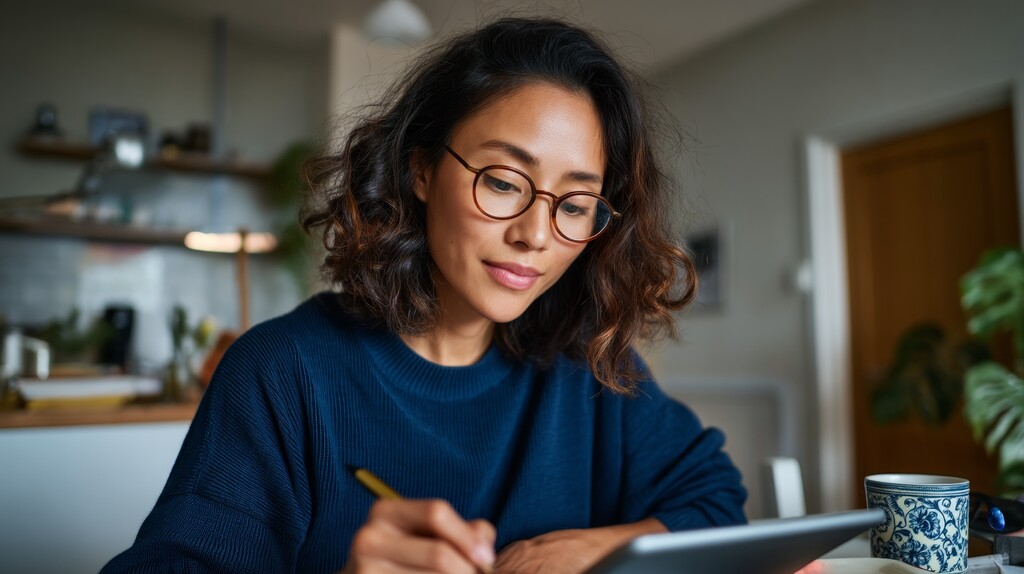 Mulher jovem vestindo roupas casuais e óculos, estudando em casa para descobrir como construir uma carreira internacional.