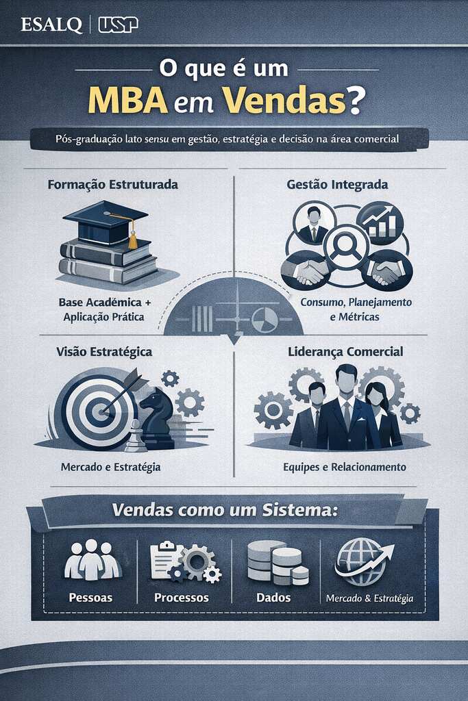 Infográfico mostrando o que se aprende em MBA em gestão comercial e vendas USP/Esalq.