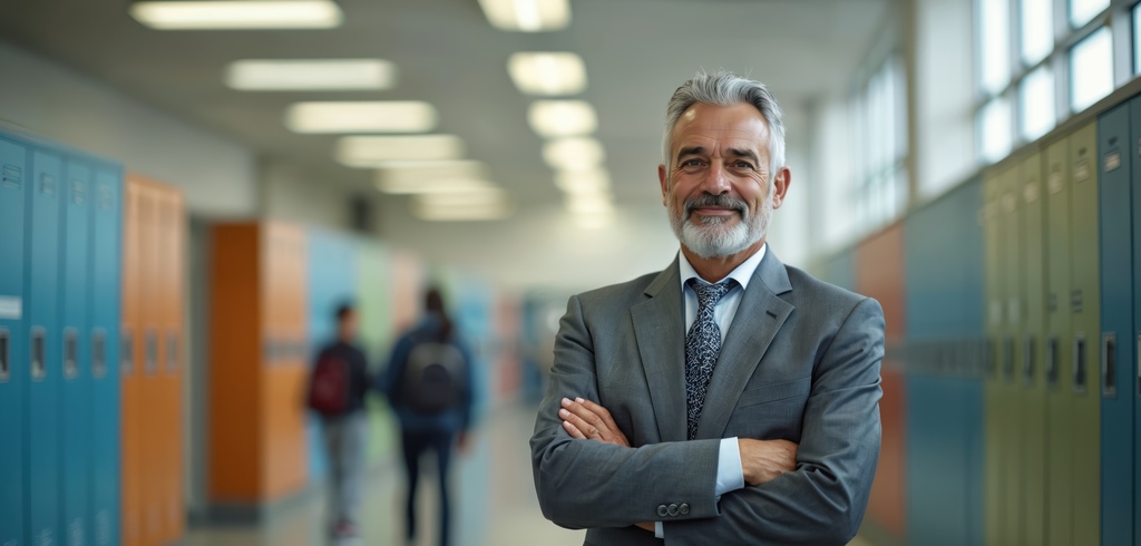 Homem grisalho de terno, com braços cruzados, em corredor de escola, representando o MBA em gestão educacional.