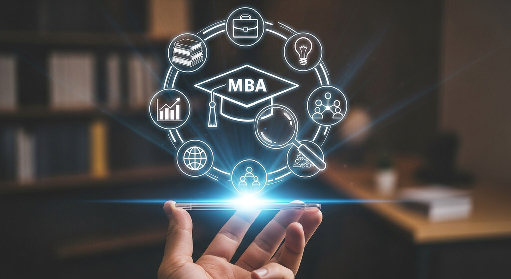 Mão segurando ilustração digital de MBA em gestão de investimentos, com diversos ícones relacionados em volta.