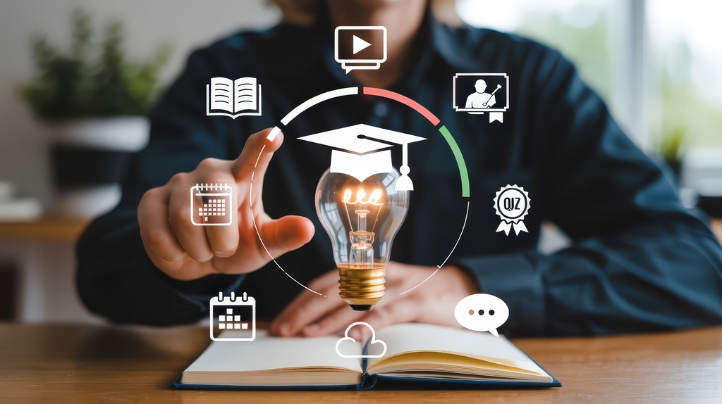 Detalhe de mão apontando para ícones digitais que representam exemplos de profissões do futuro.