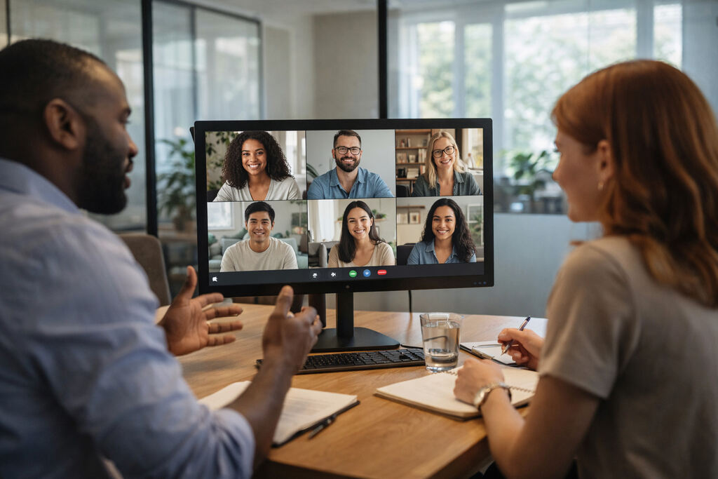 Duas pessoas em escritório, realizando reunião em chamada de vídeo pelo computador, representando carreiras online.