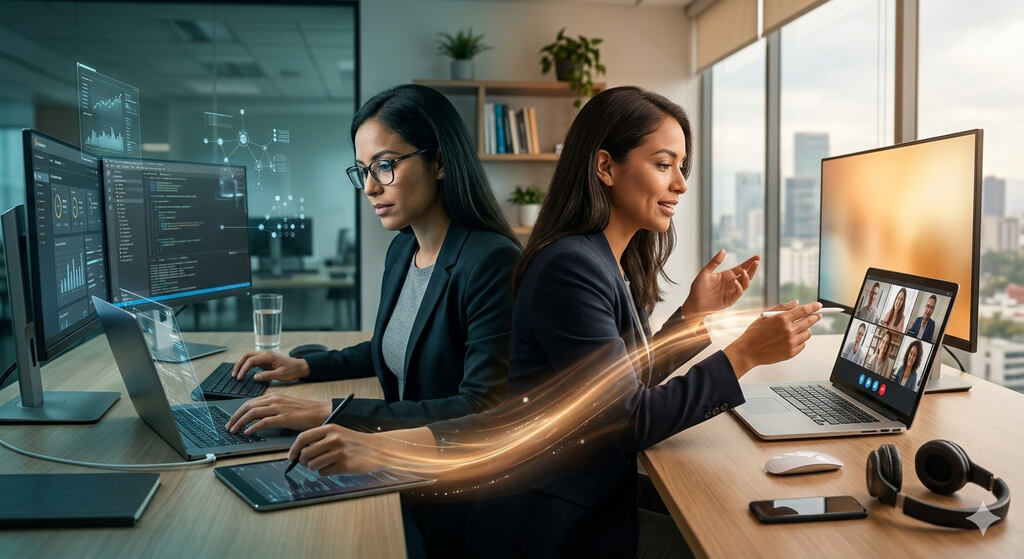 Mulher em escritório, realizando duas tarefas distintas, representando o desenvolvimento de competências digitais.