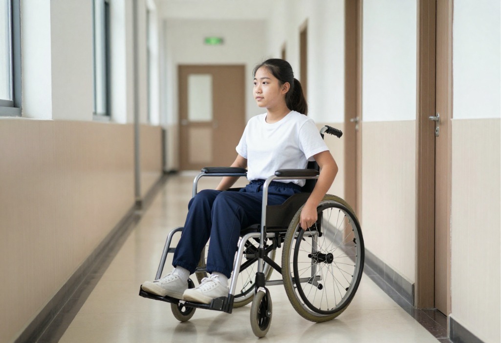 Estudante em cadeira de rodas circulando por um corredor escolar, representando a inclusão de pessoas com deficiência no ambiente educacional.