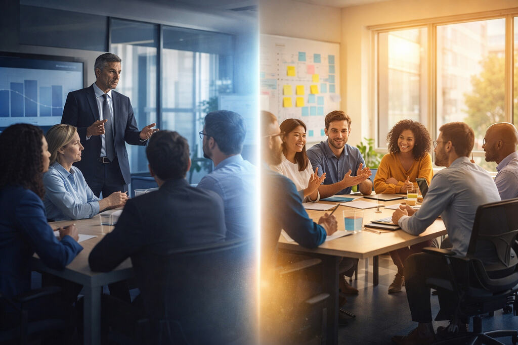 Imagem dividida com dois grupos de pessoas em salas de reuniões, mostrando a gerência participativa.