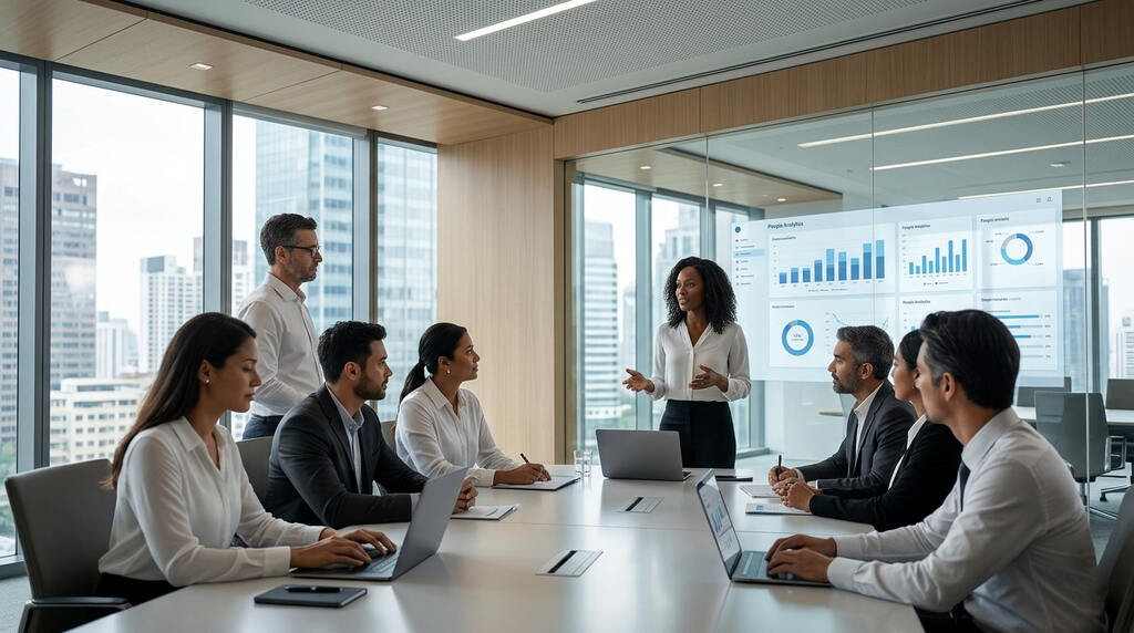 Diversas pessoas em sala de reunião, realizando gestão de pessoas no futuro.